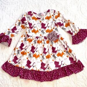 Playful Cat Print Kids Dress in Purple and Orange